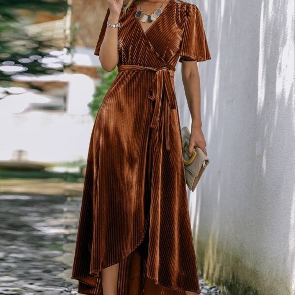brown Wrap Knot Side High Low Hem Velvet Dress - Picture 4 of 7
